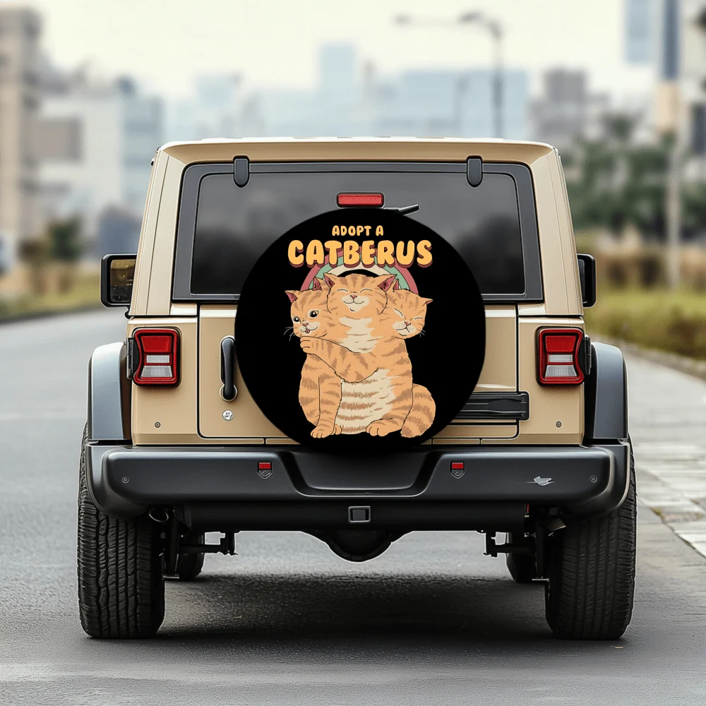 Cute Three-Headed Orange Cat Pattern Tire Cover | 30/34-Inch Multi-Functional Tire Cover, Suitable For Jeep, Trailer, RV, Off-Ro