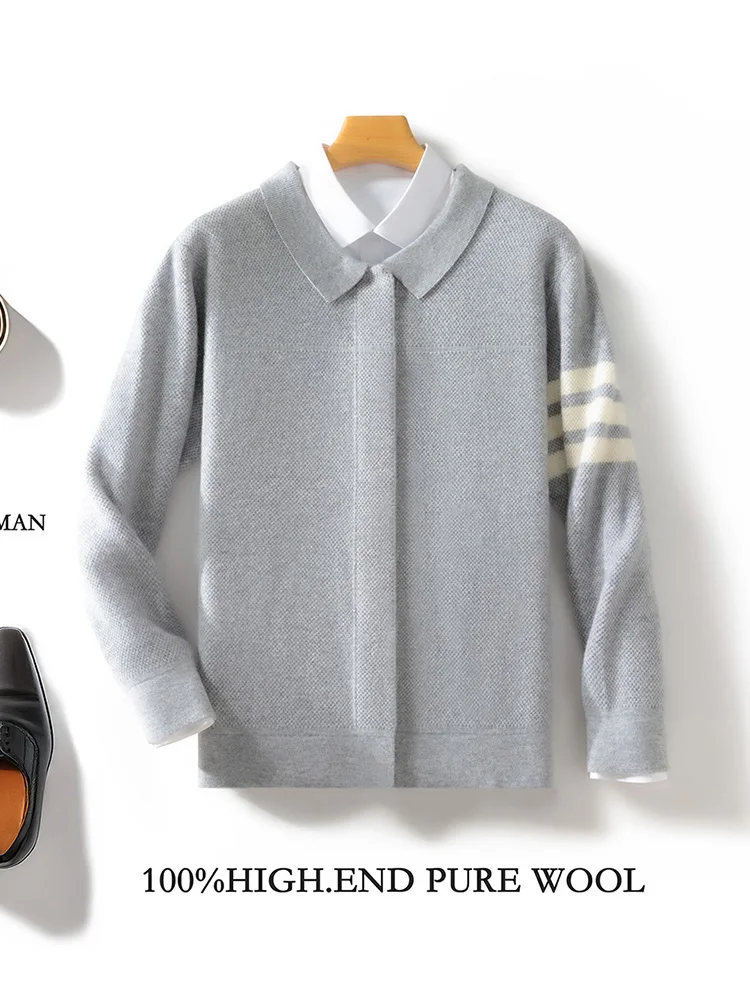 

Men Wool Cardigan Polo Collar Cashmere Sweater Smart Casual Autumn Winter Long Sleeve 100% Merino Wool Knit Covered Button Tops