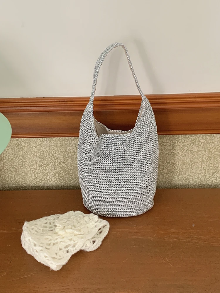 

Large Capaci Woven Silver Handbag Women's Summer Vaion Tote Bag Dual Layer Braided Handheld Bag Retro Artistic Sle
