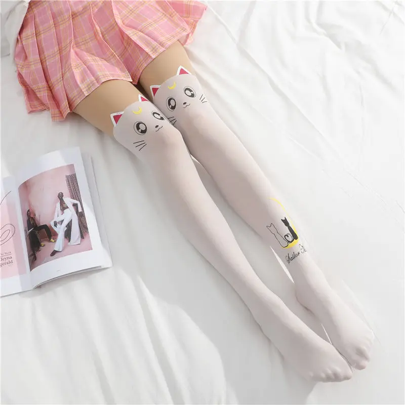 Cartoon Knee Socks Moon Cat Printed Thigh Stockings Comic Cute Loli High Tube Fake Pantyhose