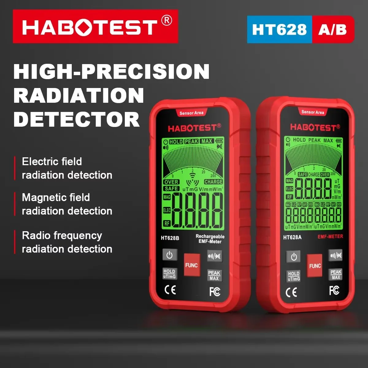 HABOTEST HT628B EMF Meter Electromagnetic Radiation Detector, Electric & Magnetic Field Tester, RF Radiation Frequency Checker