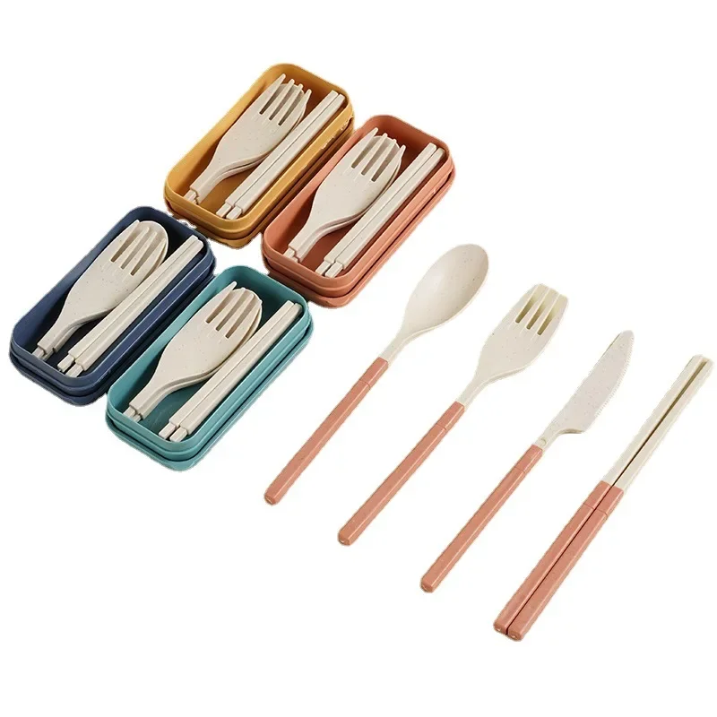Folding Portable Plastic Tableware Wheat Straw Knife Fork Spoon Chopsticks Japanese-style Travel Picnic Camping Cutlery