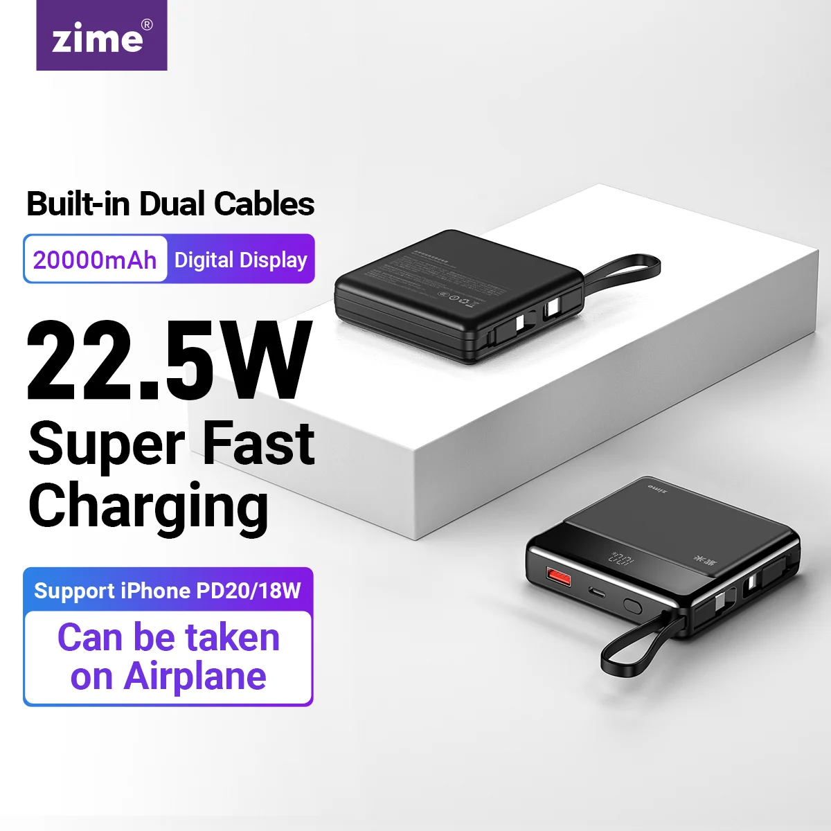 

zime 10000mAh 22.5W Built-in Cables Fast Charging Portable Power Bank For Apple For Huawei For Xiaomi Charge Two Devices at Once