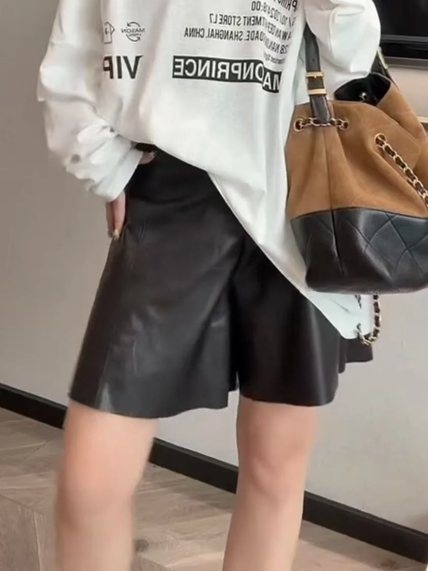 

2025 New Women's Real eepskin Leather orts High Waist Slimming Casual Five-Point Pants Commute Sle round Ne Zipper