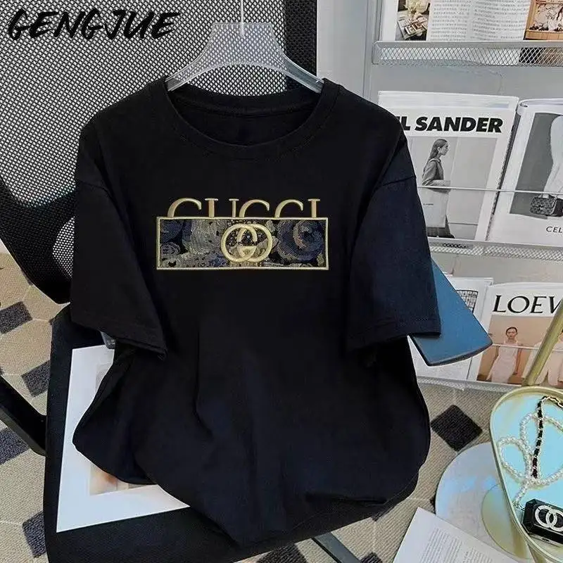 

2025 Summer New Letter Pattern Printed Men's Light Luxury Fun Anime Printed Short Sleeve Round Neck Cotton T-shirt Colthing