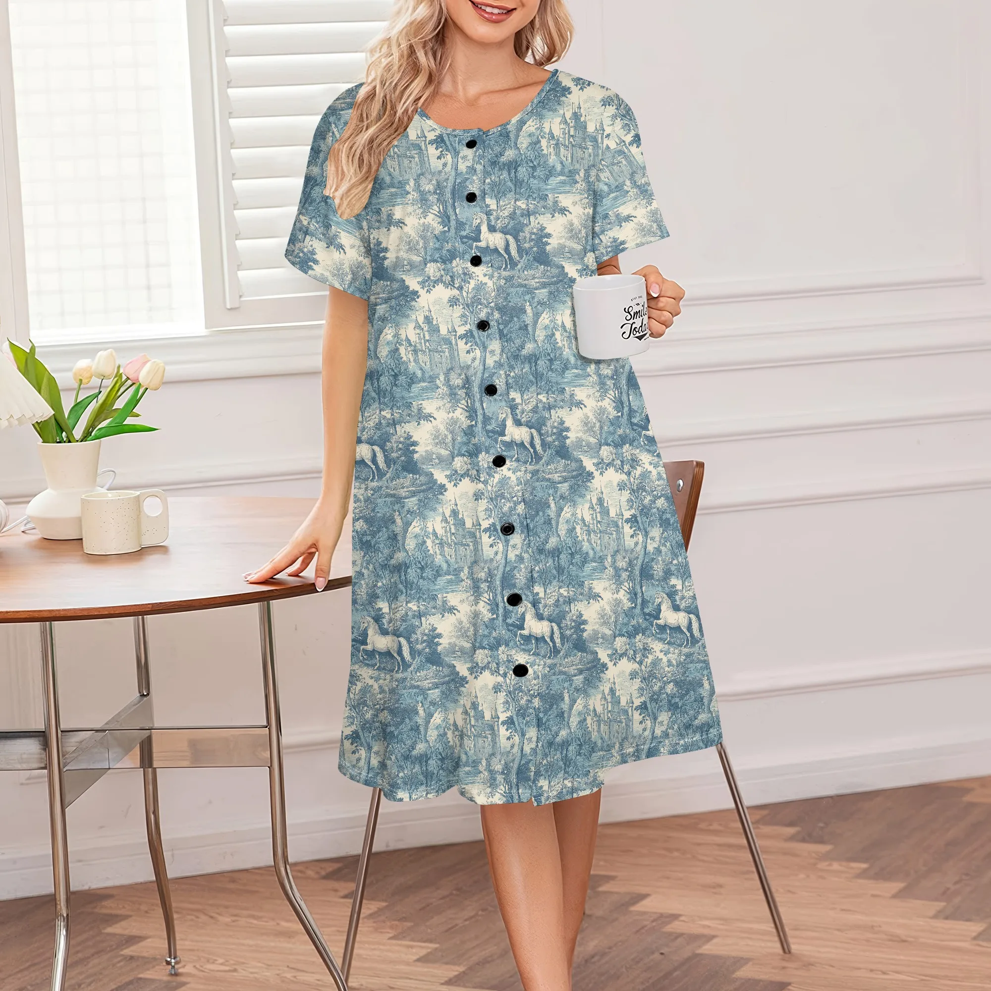

Women's Toile de Jouy Print Dress Vintage Horse Scene Shirt Dress Elegant Cottagecore Summer Outfit S-3XL