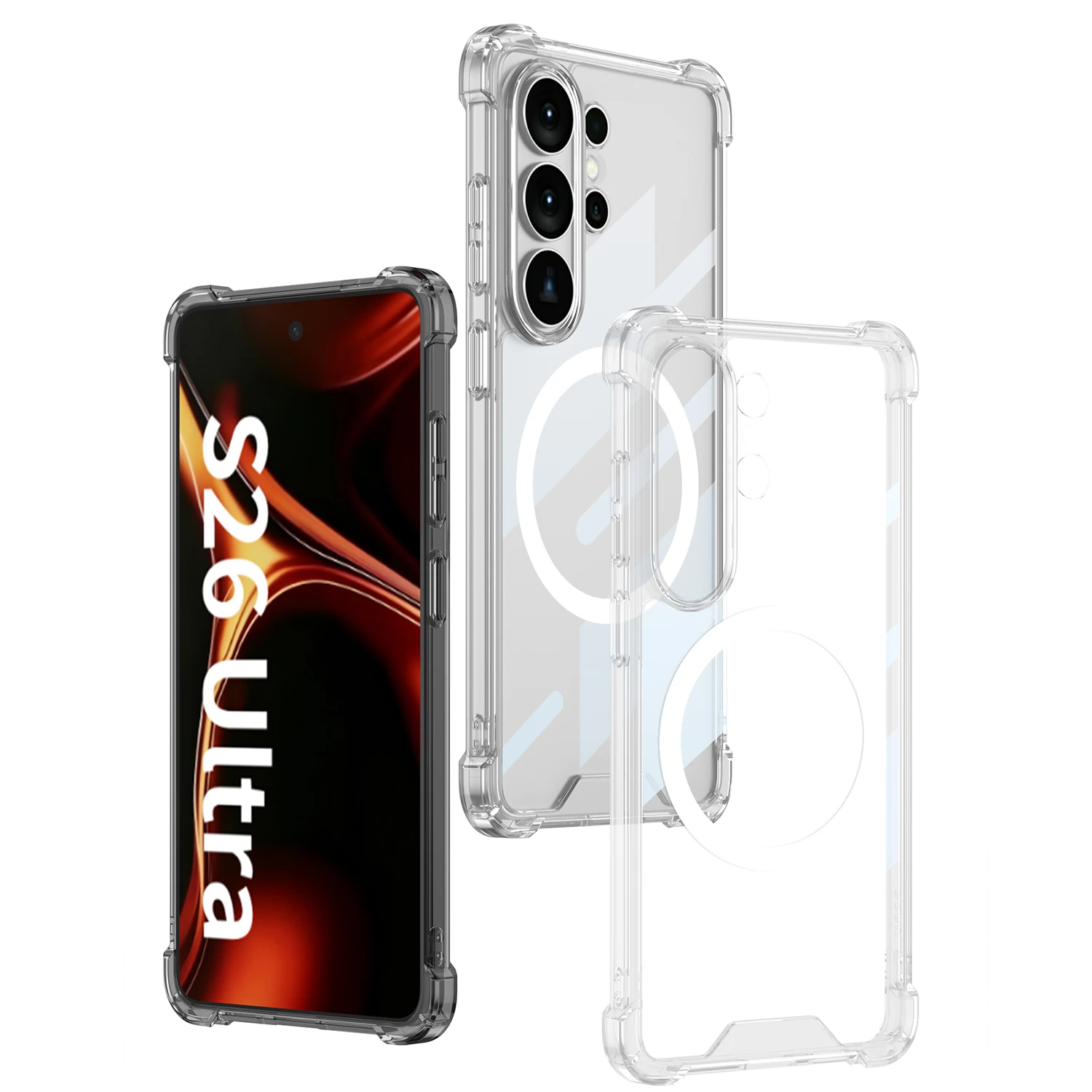 For Samsung Galaxy S26 Ultra Case Four-corner Anti-fall Protection Transparent Silicone Magnetic Wireless Charger Case Accessory