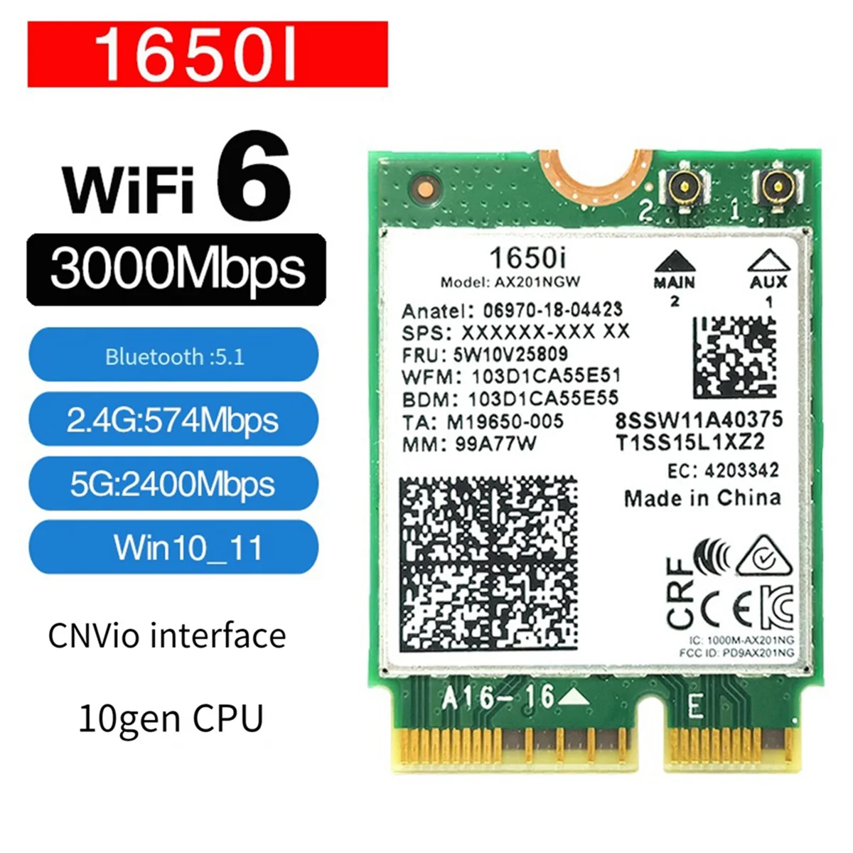 ATP-1650i AX201NGW WiFi Card+2x8DB Antenna 3000Mbps WIFI6 2.4G/5G Cnvio2 Bluetooth 5.1 WiFi Adapter for Win10/Win11