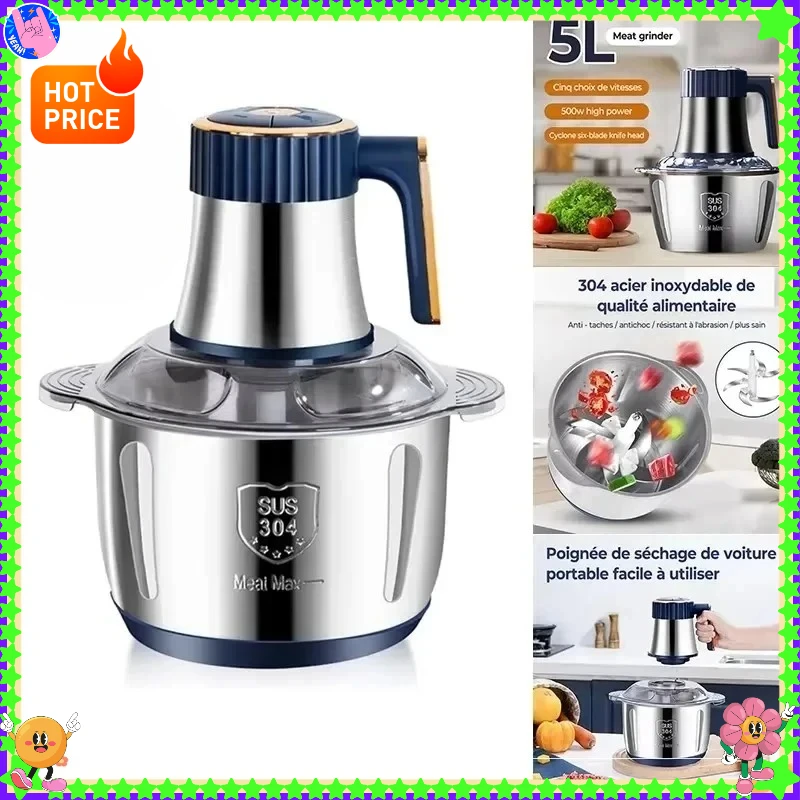 5L Stainless Steel Electric Meat Grinder - Multifunctional Food Processor with Vegetable Slicer, Chopper, and Kitchen Blender
