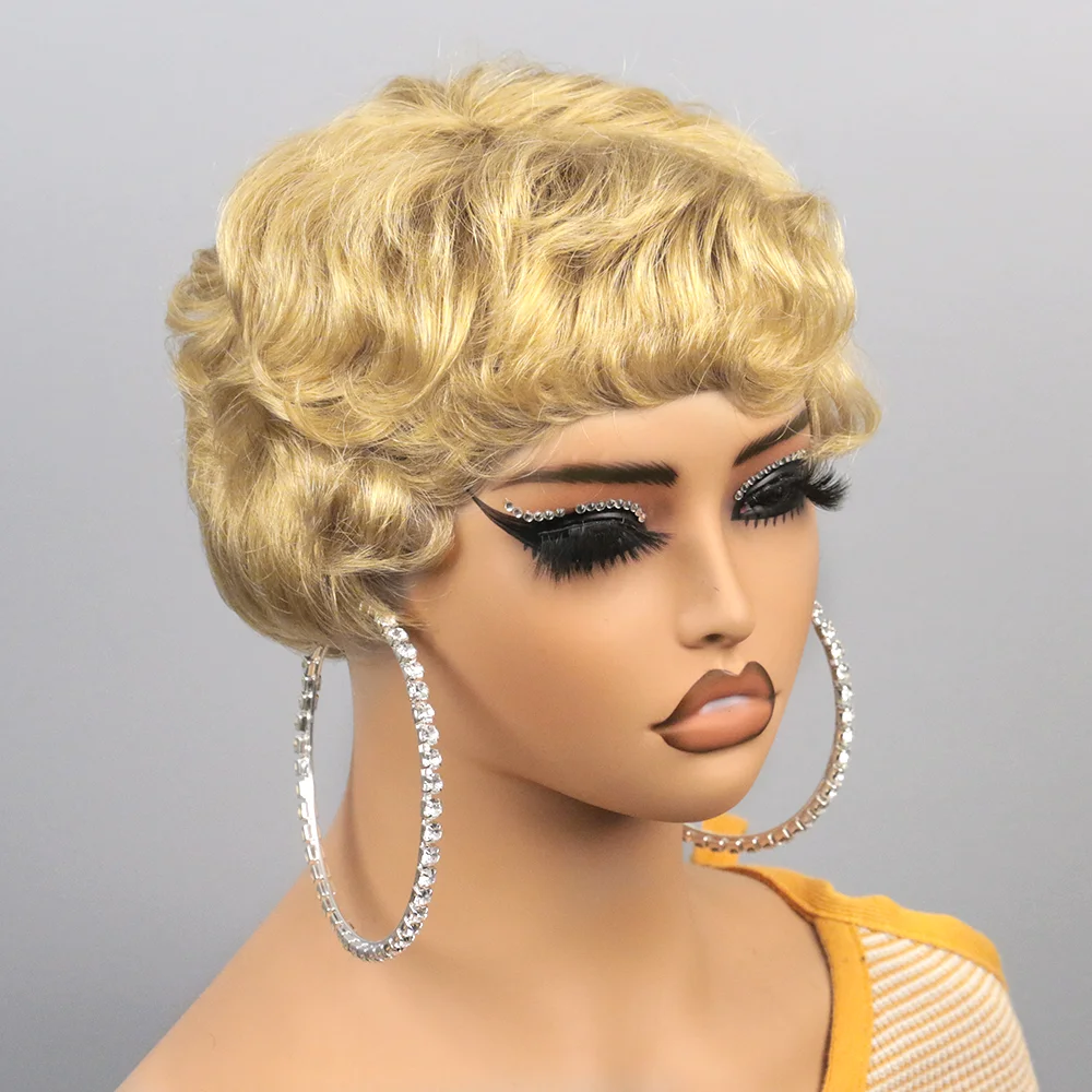 Brown Short Pixie Cut Wig Human Hair For Black Women Machine Made Wigs With Bangs Colored Brazilian Wig Human Hair Wigs