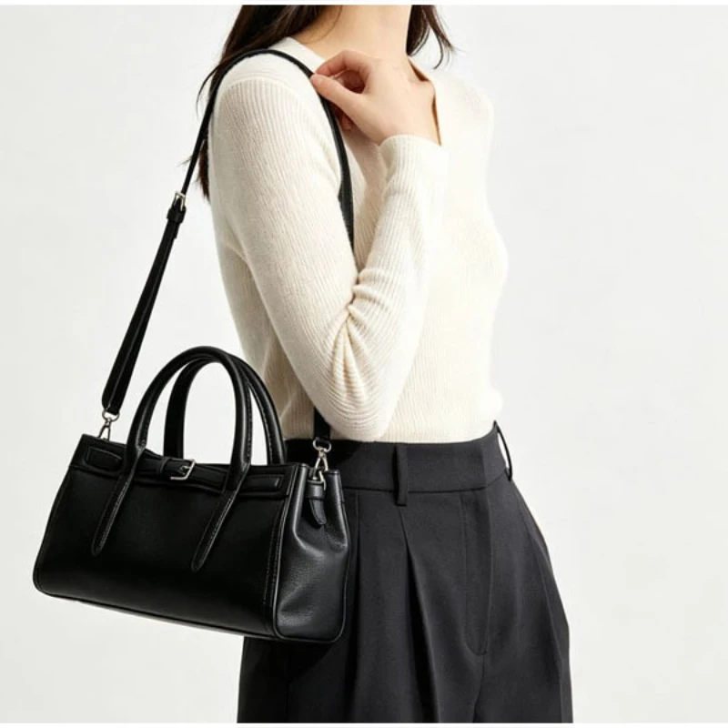 Gürtelschnallen-Verstellbare Umhängetasche, Damen Einfarbige Minimalistische Handtasche, Schwarze Vielseitige Pendler-Arbeitstasche – Detail 10