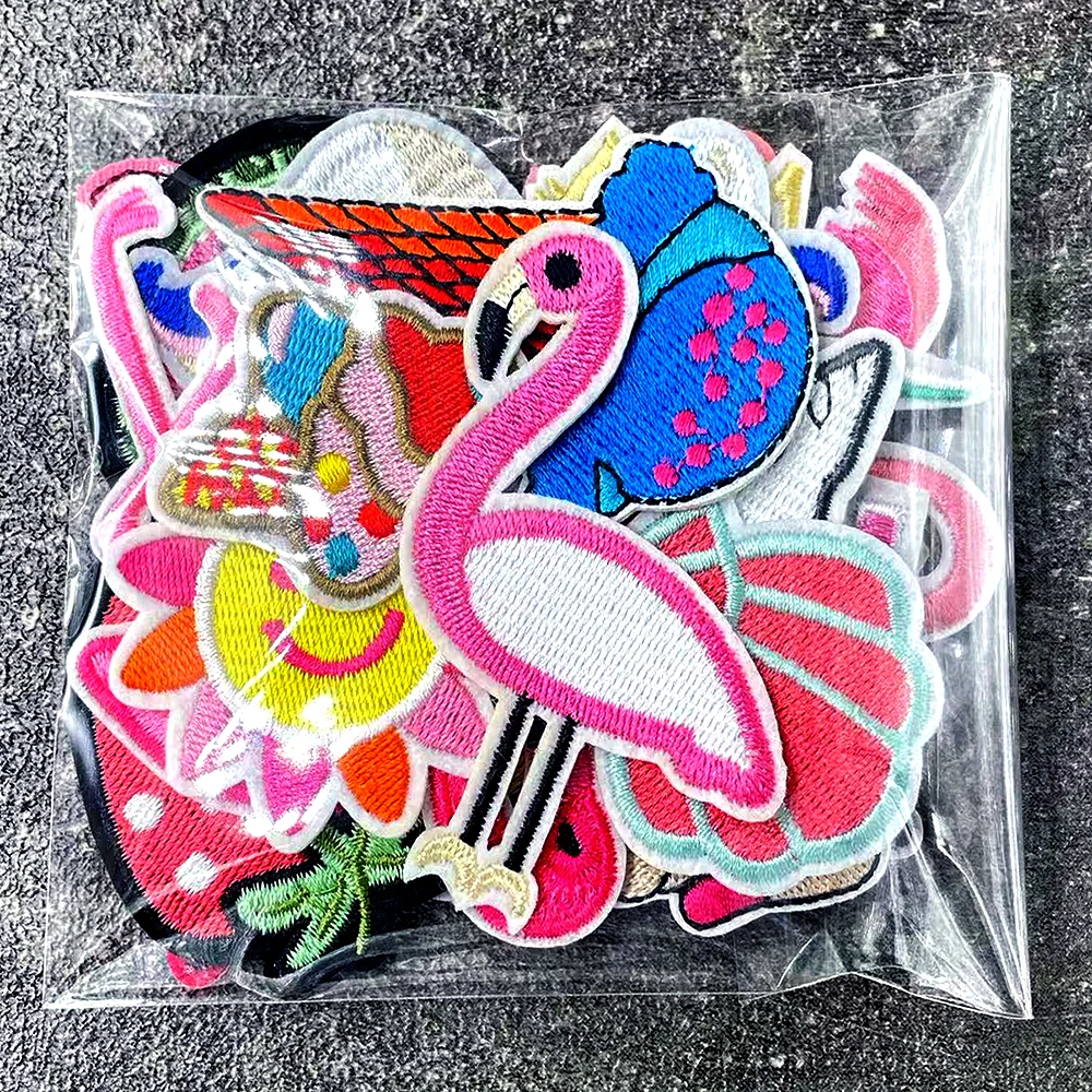 20Pcs/Lot Flamingo Flower Watermelon Iron on Patches Cloth Embroidered Applique Sewing Clothes Apparel Accessories Patch Rock