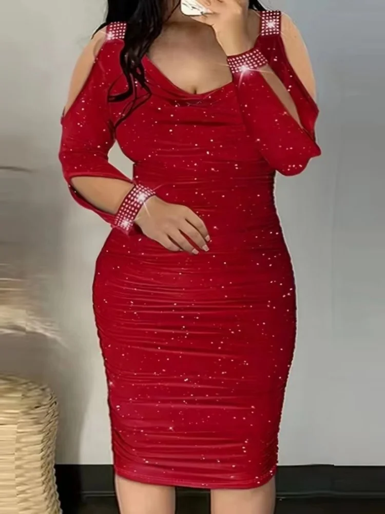 Sexy Off Shoulder Lady Dresses Fashion Solid Color Sequins Tight Mini Dresses Evening Party Slim Fit Female Clothes Plus Size