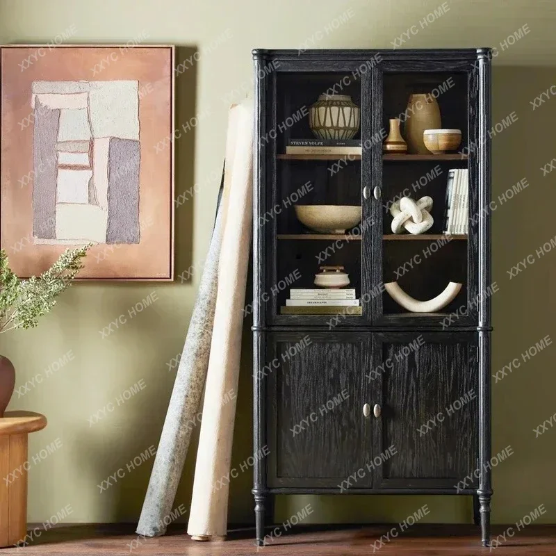 Hsolid wood black retro glass door wine cabinet locker  entrance living room decorative cabinet