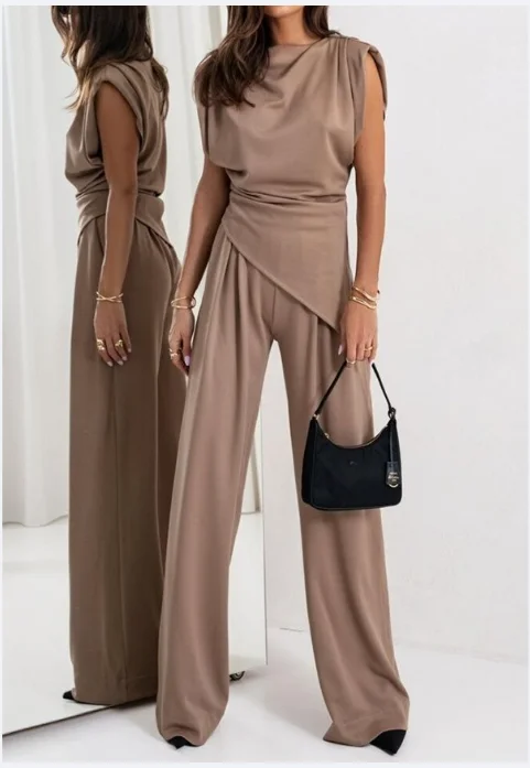 

Повседневные трикотажные однотонные брюки, женские тонкие плиссированные топы без рукавов с круглым вырезом, широкие брюки, лето 2024, элегантные уличные женские наряды