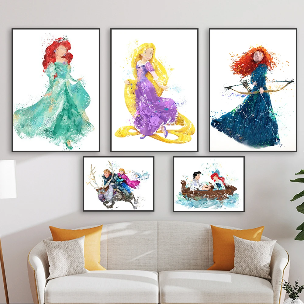 Disney Princess Canvas Painting Beauty and the Beast Watercolor Princess Tiana Print Cinderella Belle Aurora Sleeping Beauty Art