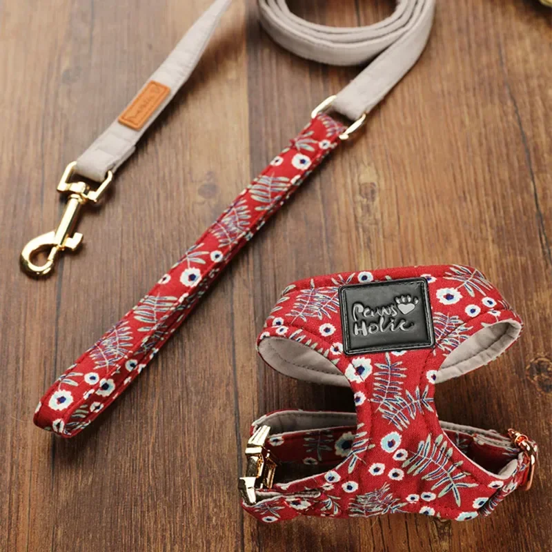 Pettorina per animali domestici in tessuto stampato di fascia alta Pettorina per cani di piccola e media taglia con guinzaglio Set barboncino Schnauzer Guinzaglio per cuccioli Accessori per cani