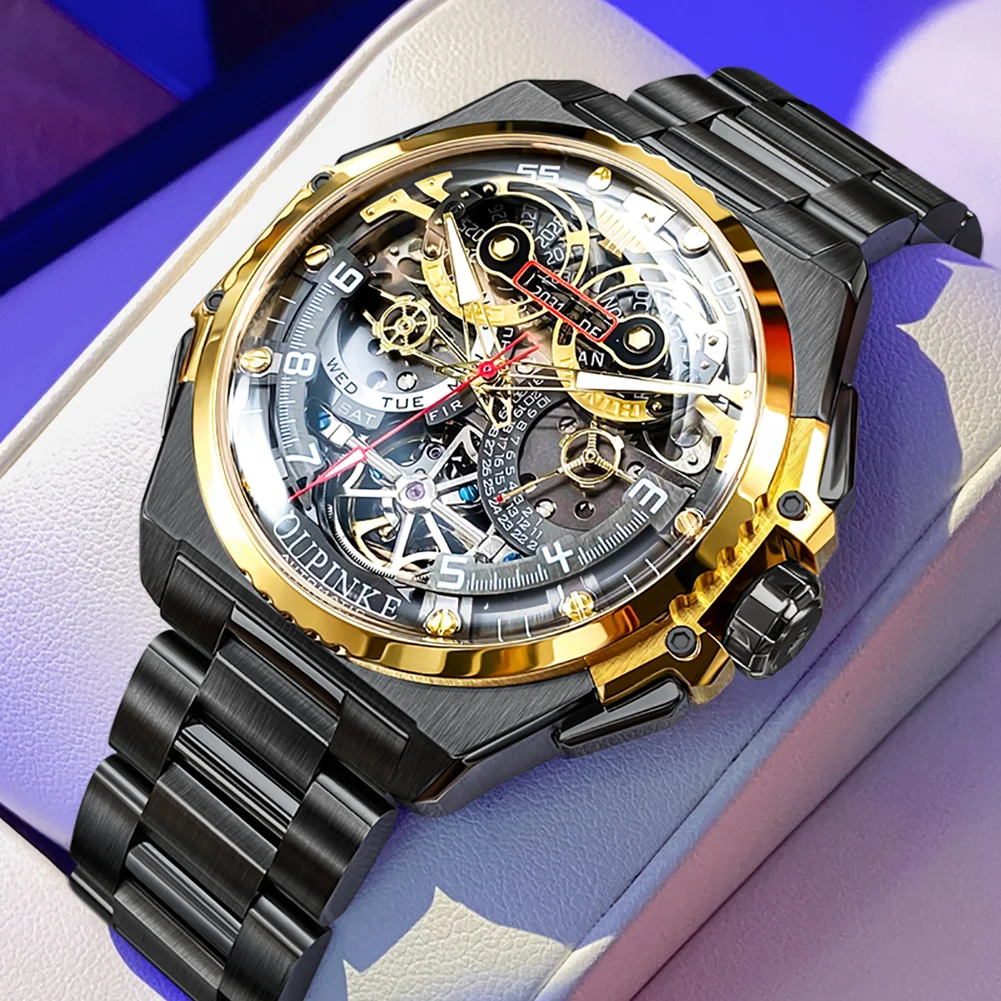 OUPINKE 3266 Punk Style Luxury Multifunctional Skeleton Mens Automatic Mechanical Wrist Watch For man Stainless Steel Strap