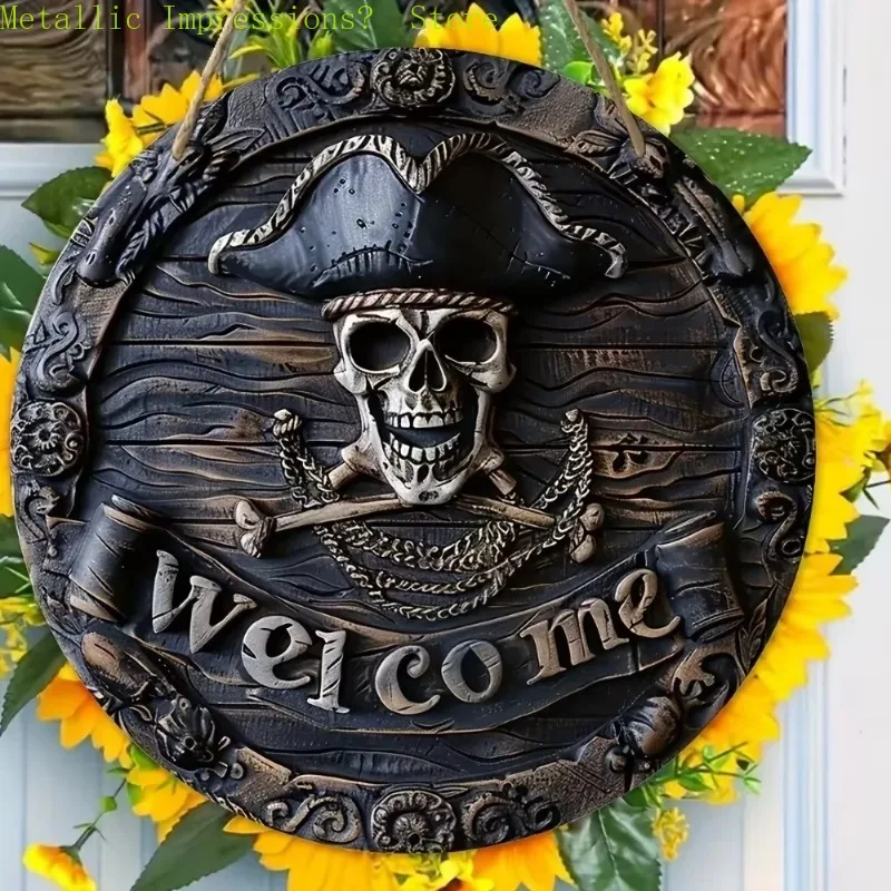 Letrero Metálico Redondo de Bienvenida con Calavera y Huesos Cruzados Piratas - Regalo Náutico para Amantes de los Marineros
