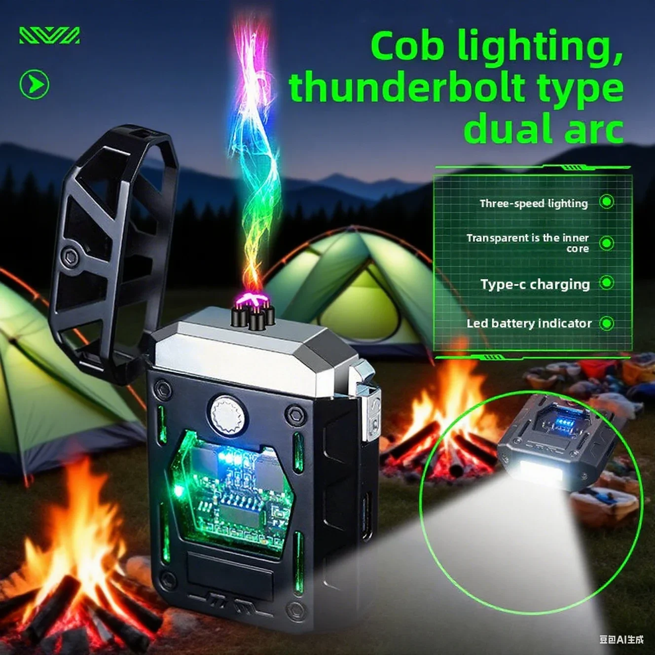 Creative Armor Metal Double Arc Lighter, with COB Lighting Zinc Alloy Hollow Mecha Lighter, Lighters for Smokers, Men's Gift