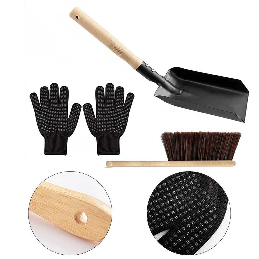 Innovative Fireplace Maintenance Tools Features Handy Metal Shovel & Natural Wood Brush with Comfortable Safety Gloves