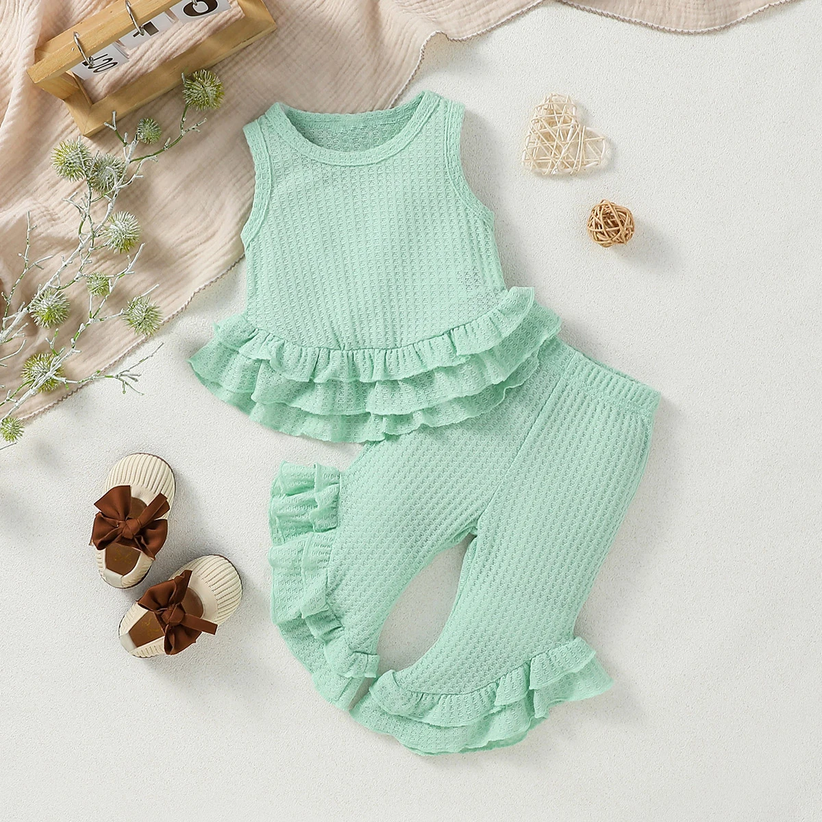 Baby Girls Summer Green Sleeveless Top+Trousers With Ruffled Fashion Vacation Set Clothing