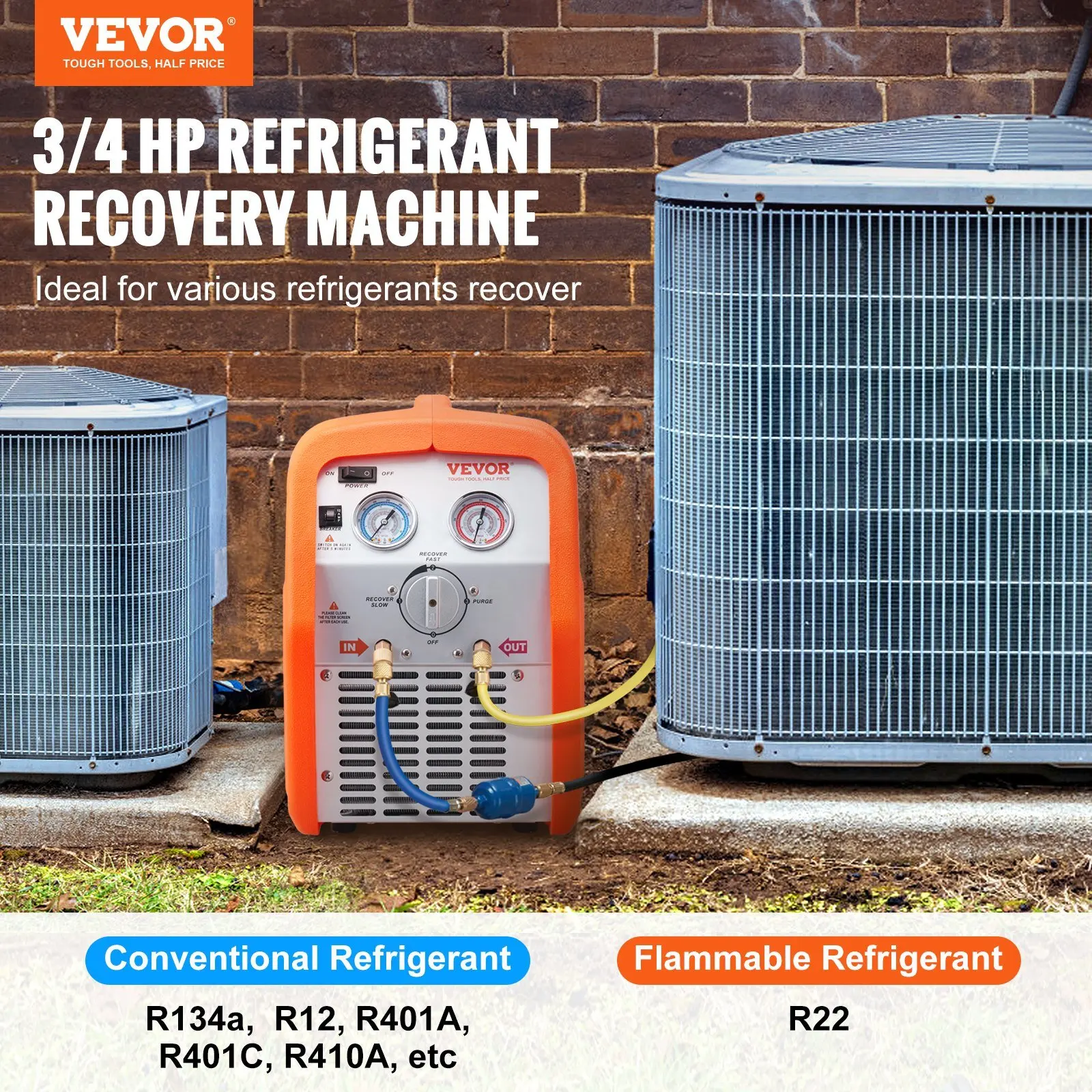 Portable 3/4 HP Refrigerant Recovery Machine - AC Recovery Machine with High Pressure Protection 120V 60Hz