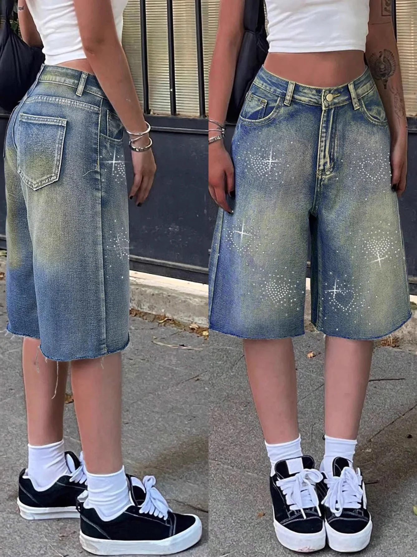 

Cross-Border High-Waisted Denim Shorts for Women with Rhinestone Patterns Casual Five-Point Jeans Style Blue Casual Shorts