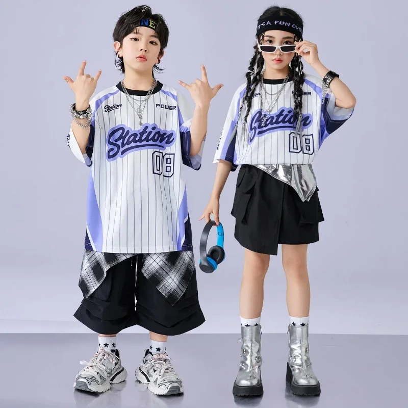 

Boys Hip Hop Clothing Set Striped T Shirt Black Shorts Street Dance Costumes Girls Streetwear Group Jazz Stage Wear Show Clothes