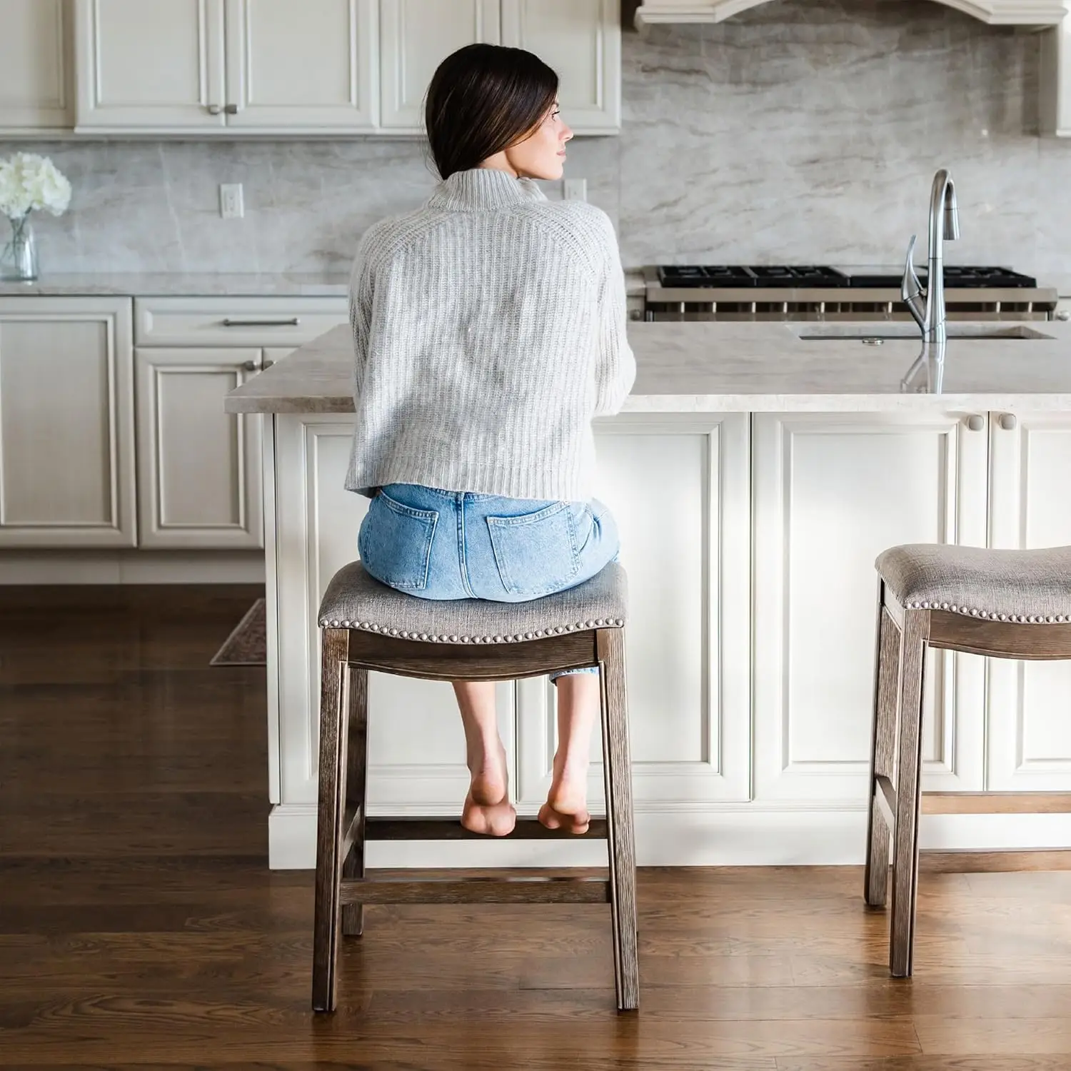 Adrien 26 Inch Counter Height Upholstered Backless Barstool in Dark Walnut Finish with Ash Grey Fabric Cushion