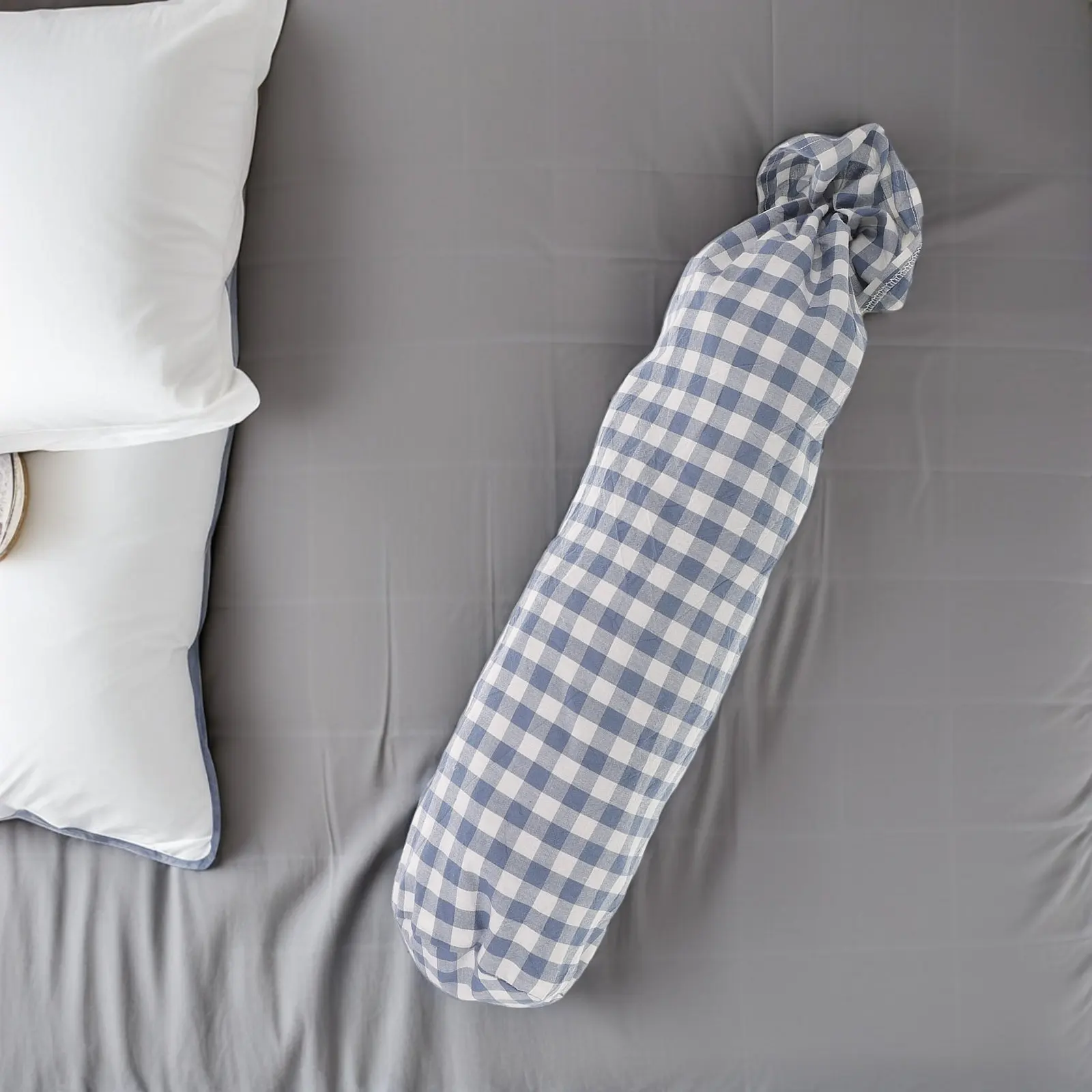 Neck Roll Pillow Cover Round Cotton Pillowcase Soft Cylinder Pillow Cushion Cover 15.8x4in Checked Bedroom Sofa Blue