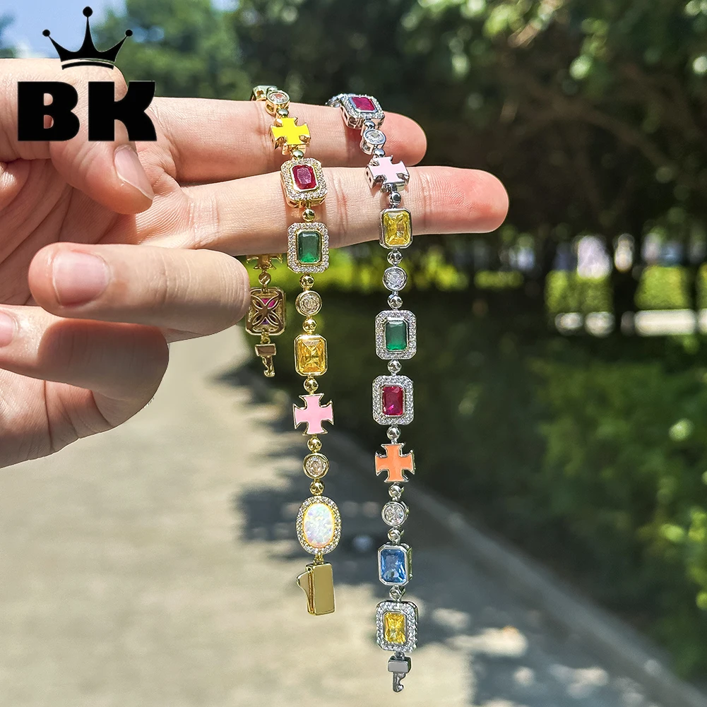 THE BLING KING 9.5MM White Gold/Gold Plated Opal Bracelet Colorful Cross Zircon Bangle Sparkling Icy Out Gem Bracelet for Women