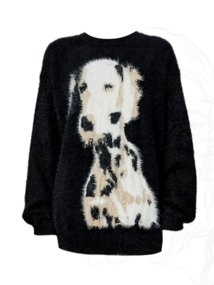 Women Autumn Winter Black Kawaii Cotton Dog Knitwear Jumper O-Neck Long Sleeve Knitted Pullover Cashmere Top Baggy Gothic Korean