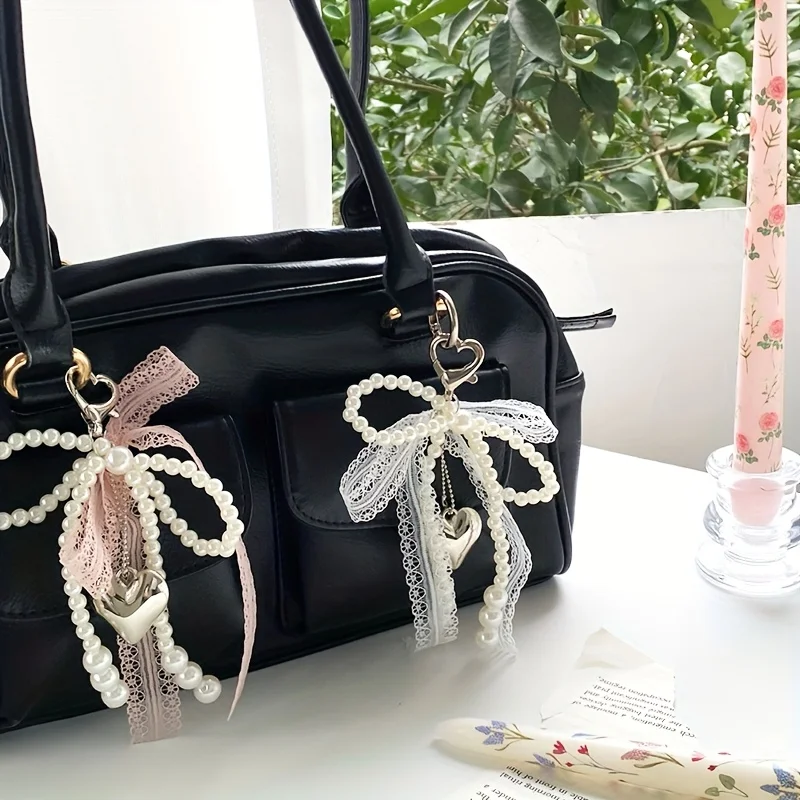 Lace Pearl Bow Keychain, Ladies Pearl Bow, Bag Pendant Keychain, Backpack Charm Keychain, Heart-Shaped Bag Pendant, Bead Keychain, Bow Pendant, Keychain Additions for Gifts, Wallets, Bags, Backpacks, Satchels