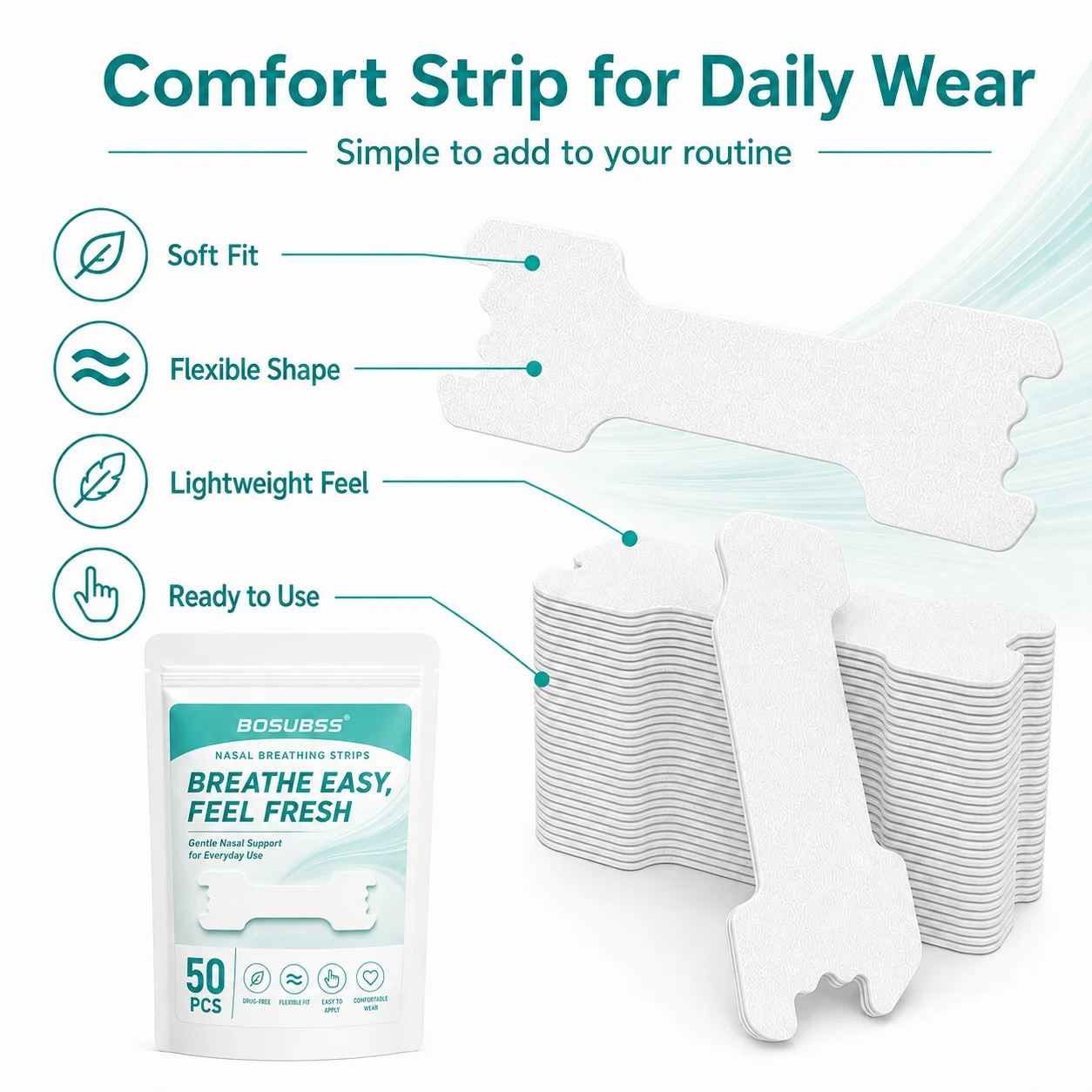 BOSUBSS 50PCS Nose Breathing Strips, Drug-Free Flexible Fit Nasal Strips Easy to Apply for Smooth Night Breathing