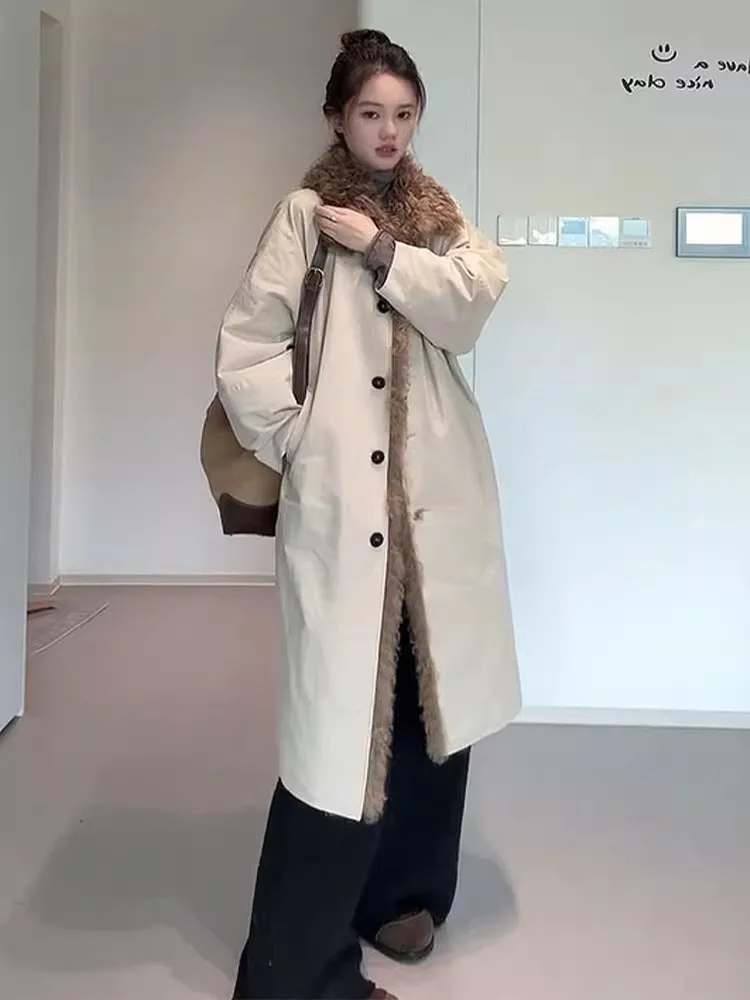 Korean Style Faux Sheep Fur Collar Women Long Down Coat Loose Fit Overcoat Single Breasted Puffer Jacket Winter Warm Outerwear