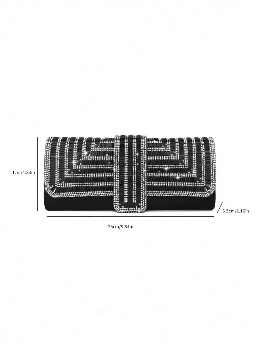 

Stylish Black Rhinestone Clutch With Geometric Embellishment, Perfect For Evening Events, Weddings, And Formal Dinners