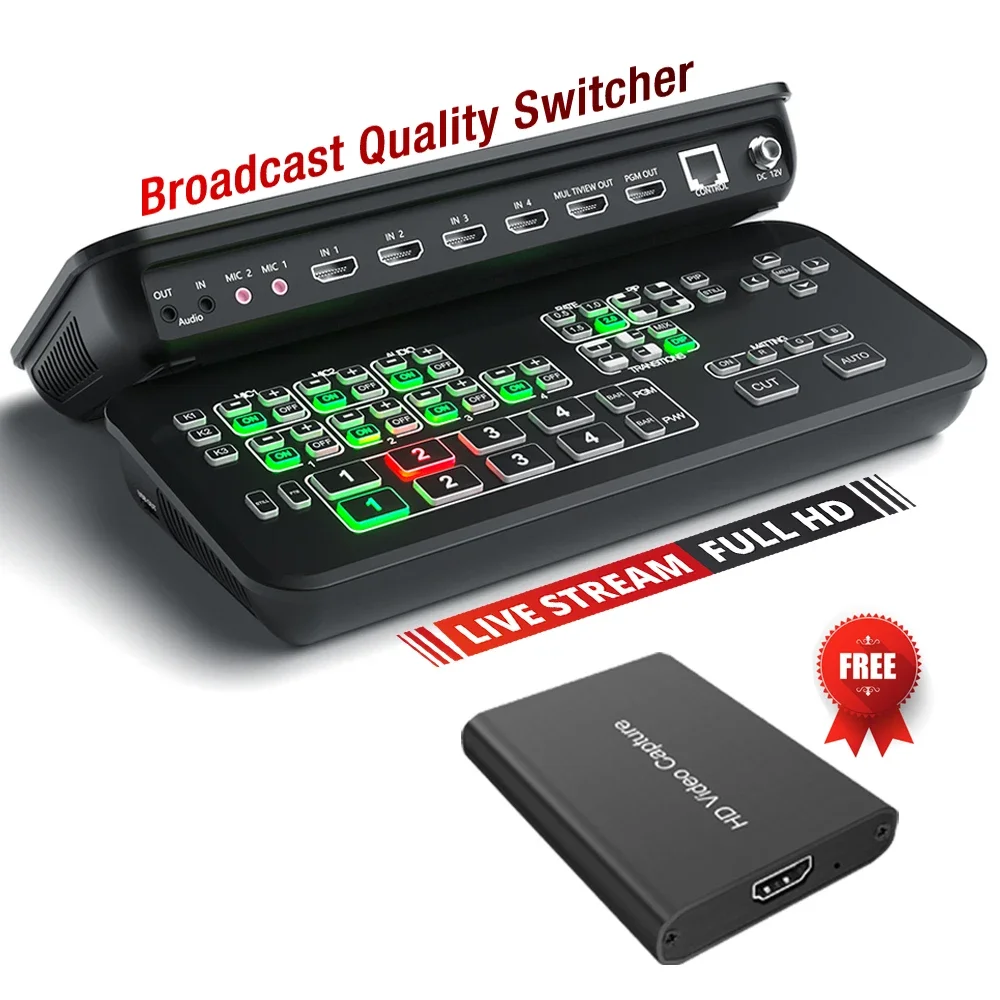 2025 Broadcast Stream Seamless Switch 4 Channel HDMI Live Streaming Camera Video Capture Mini Mixer TV