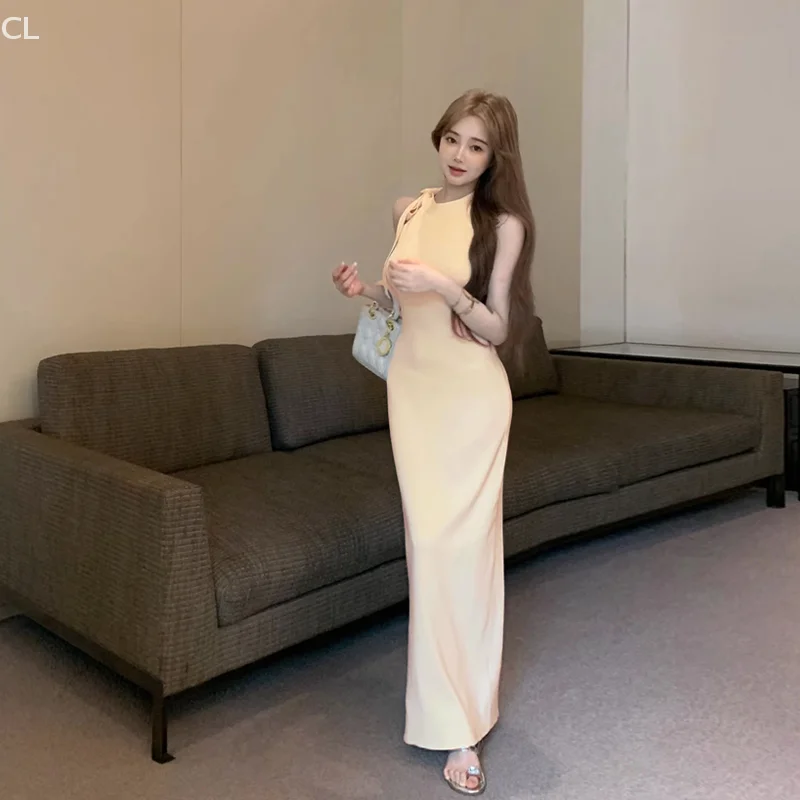 Ins Style coréen couleur unie robe femmes été mince élastique fille chaude rose fente taille hanche jupe longue