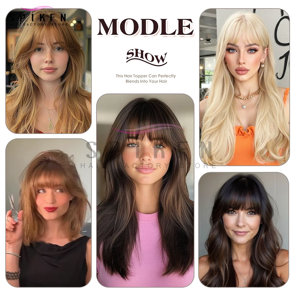 SPIKFN Haar Topper Middelste Deel met Pony 5x9 cm Basis Netto 8 "-14" Echt Menselijk Haar Topper Natuurlijke Rechte Top Haarstukjes Voor Vrouwen