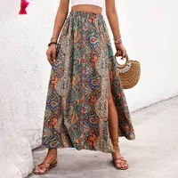 CPSYMYM Bohemian Boho Retro Floral Print Skirts Women Indie Folk Summer High Waist A-Line Pleated Long Skirts Casual Holiday Bea