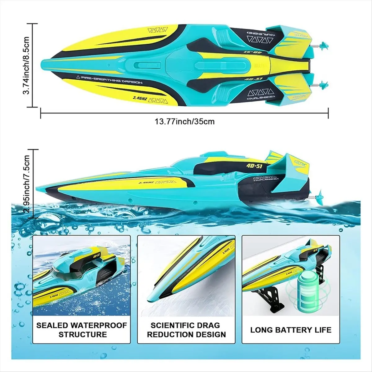 

A71Z S1 2.4G High-Speed Remote Control Speedboat 30Km/H Waterproof Electric Remote Control Double Propoler Green