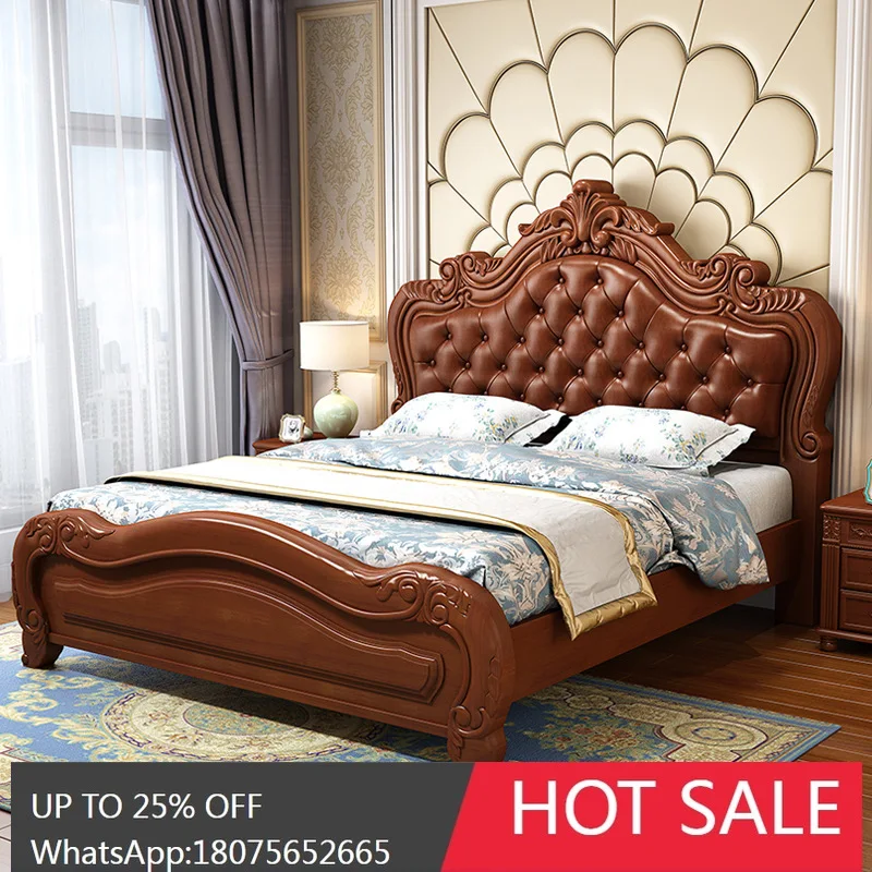 

MJY European Style Solid Wood American Style High Box Storage Country Bed Natural Oak Carved