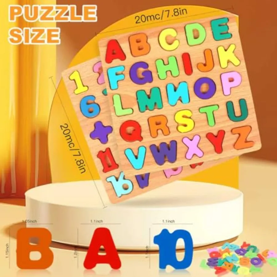 2 Pack Wooden Puzzles for Toddlers, Alphabet and Number Learning Toys in Natural Wood Color, Eco-Friendly Smooth-Finished Educa