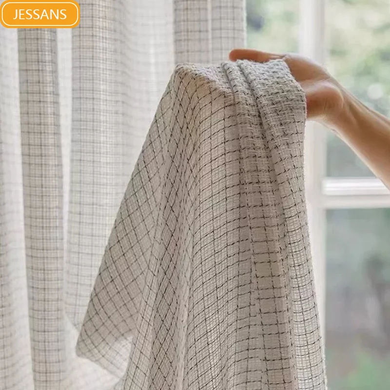Black and White Checkered Jacquard Cotton Linen Window Screen Curtains for Living Room Bedroom Partition Curtains Customized