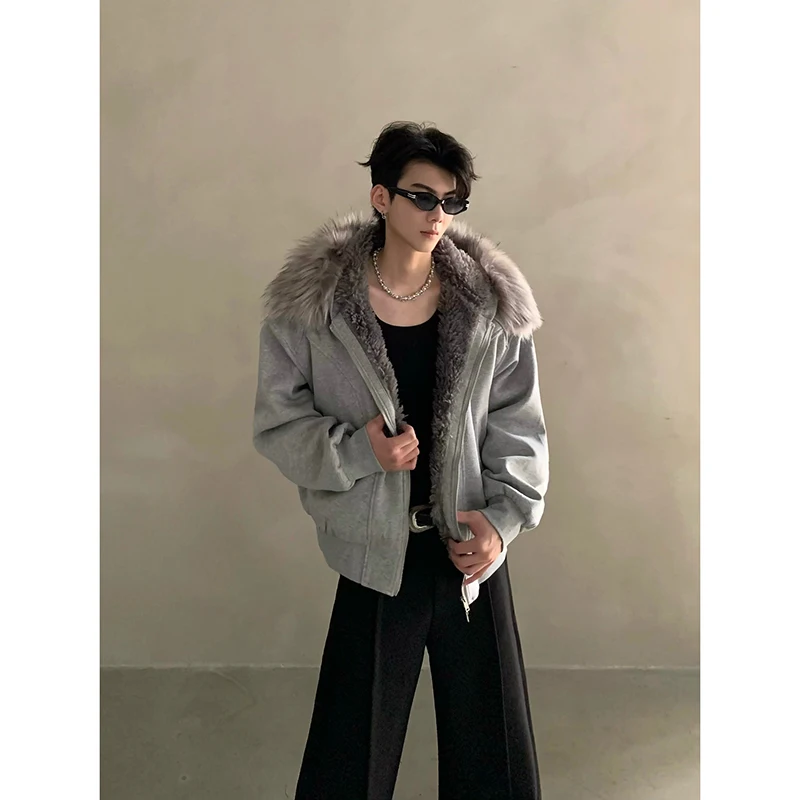 معاطف رجالية شتوية جديدة على الطراز الأمريكي لعام 2025 ذات ياقة من الفرو الصناعي مع قلنسوة معاطف مريحة سميكة وفضفاضة بلون سادة سترات أنيقة #6