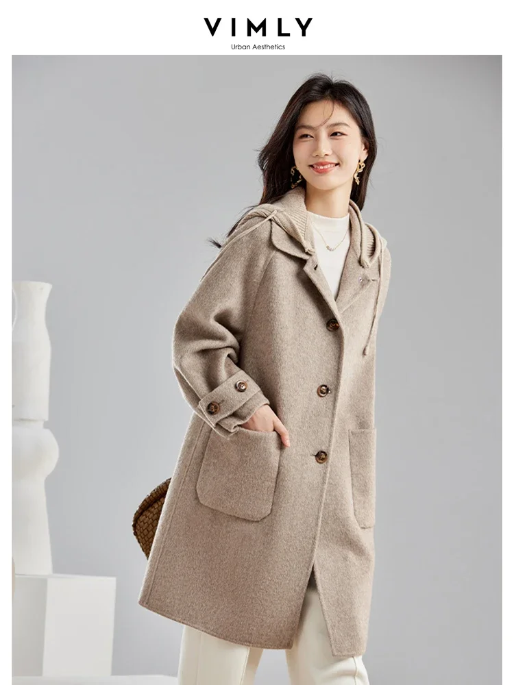 Vimly Double Faced Wool Blend Long Coat Winter Women Woolen Jacket Removable Contrast Knitted Hood Female Warm Overcoat 50659