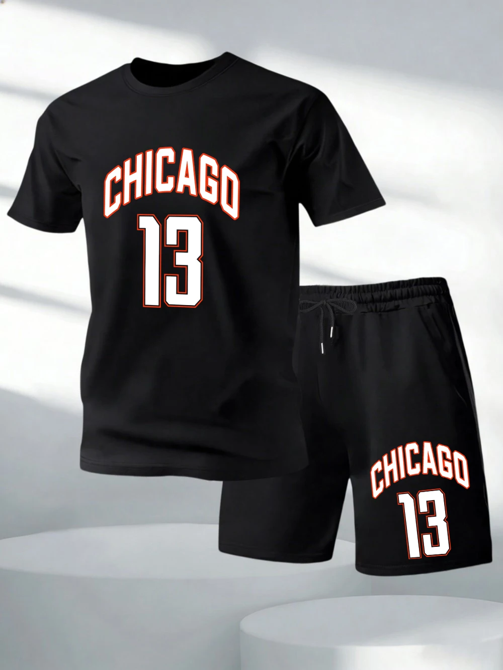 

Two Pieces Set Usa Chicago 13 Letter Prints Cotton Tops Shorts Mens Oversized Soft O-Neck T-Shirts Pocket High Waisted Pants