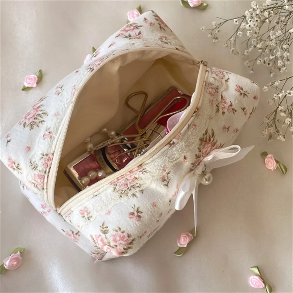 Women Cosmetic Bag Creative Storage Bag With Zipper Lace Bow Makeup Organizer Cute Ruffles Pencil Case Toiletries Storage