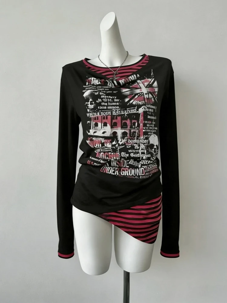 Women Grunge T-shirts 2026 Summer Bottoming Crop Tops Vintage Slim Harajuku Causal Black Tshirts Y2k Aesthetic Flower Printing